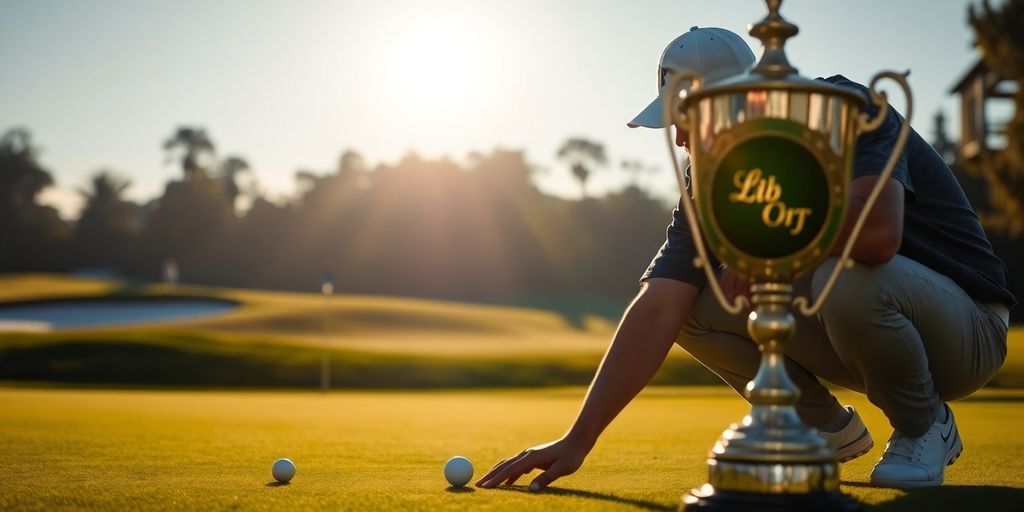 Golfer putting on a green with a trophy.