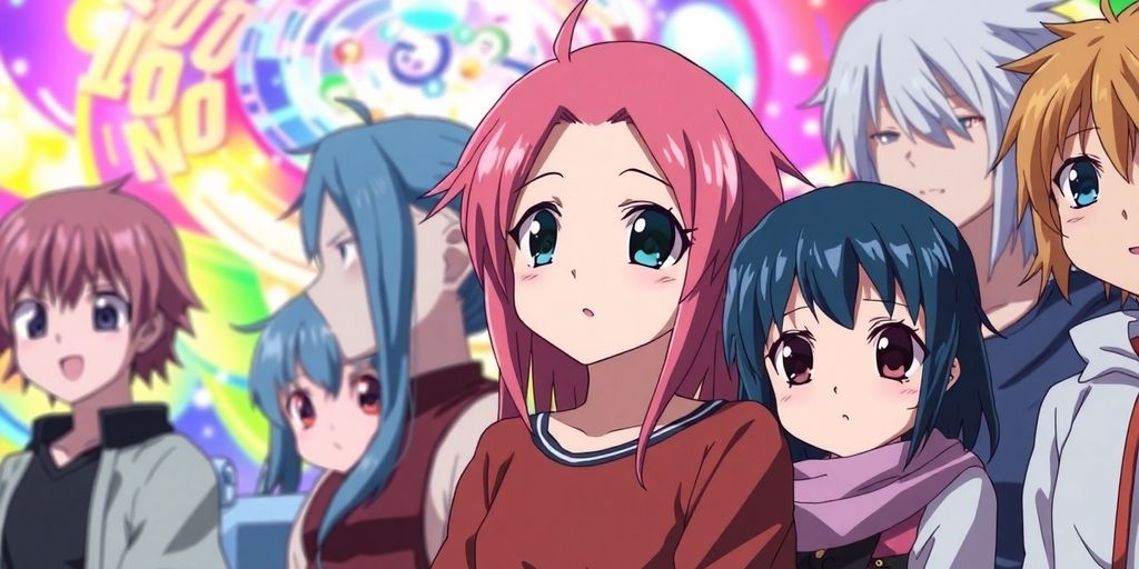 Diverse anime characters in a vibrant, dynamic group shot.