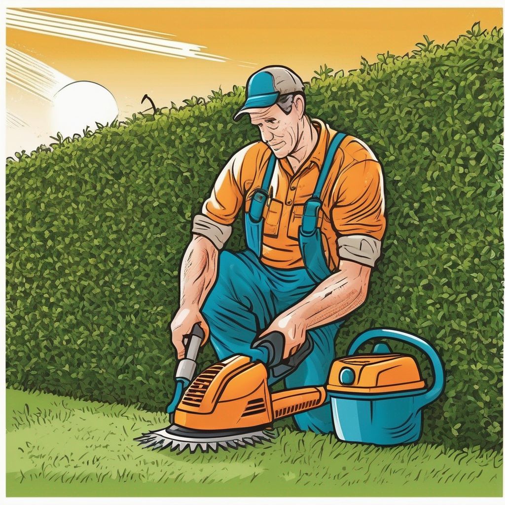 gardener trimming hedge with professional tools