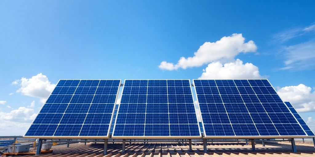 Large solar panels on a rooftop under a blue sky.