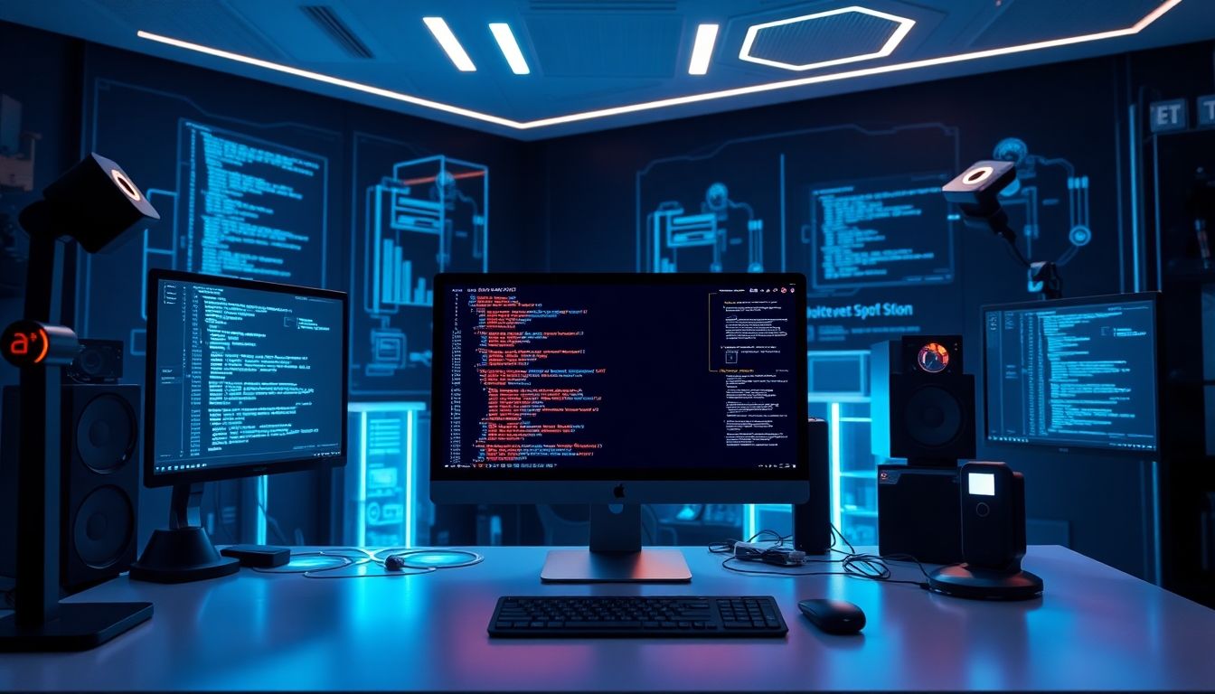Futuristic workspace with AI and coding elements.