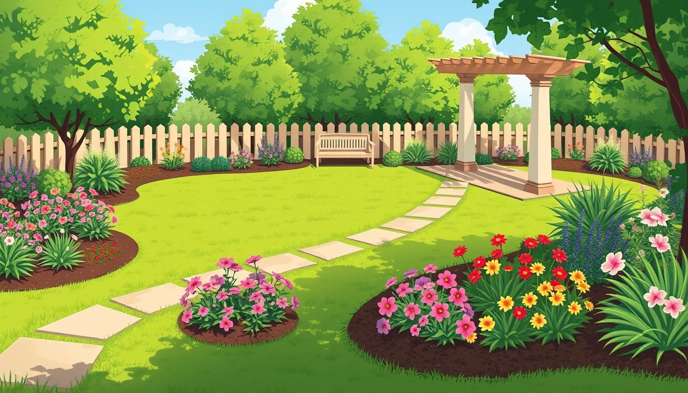 Beautifully landscaped garden with flowers and seating area.