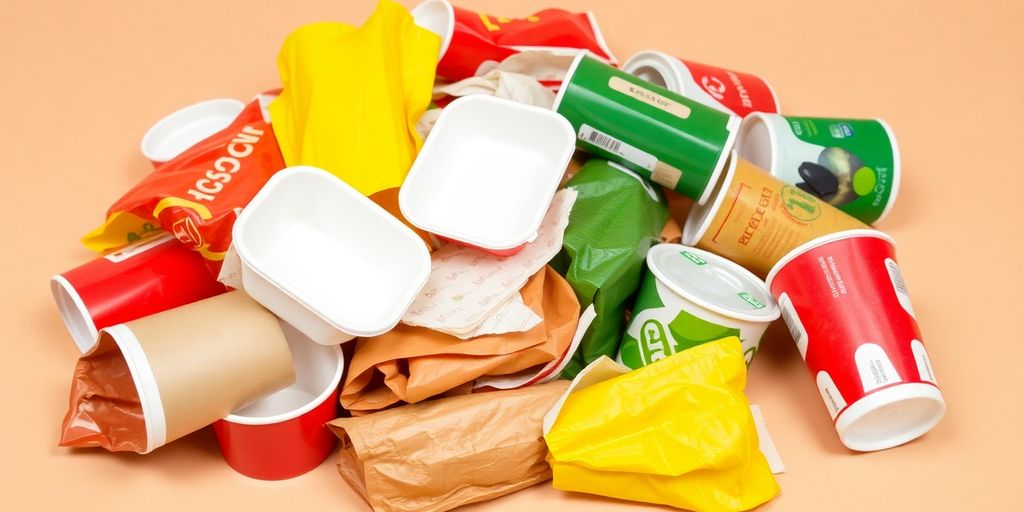 Plastic and cardboard food containers piled up.