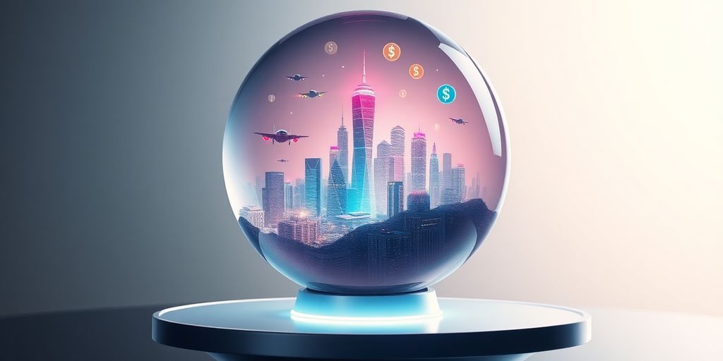 Crystal ball glowing, futuristic cityscape, digital currency symbols.