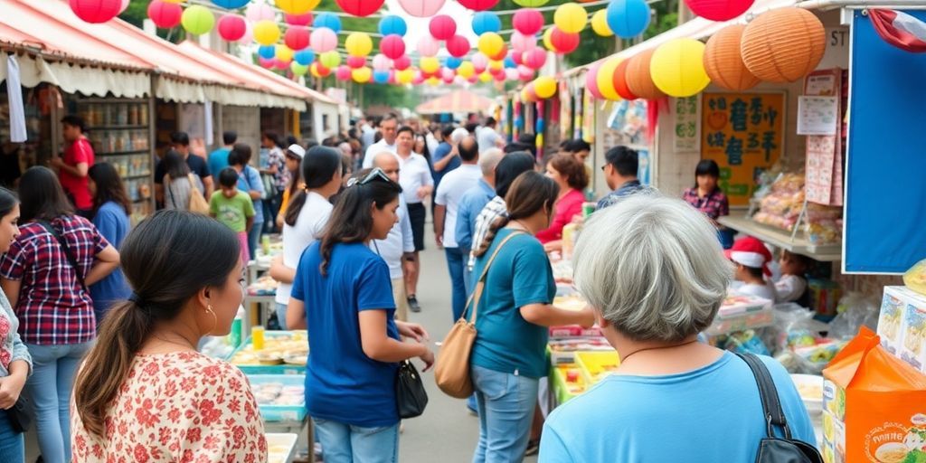 Community event with people enjoying food and activities.