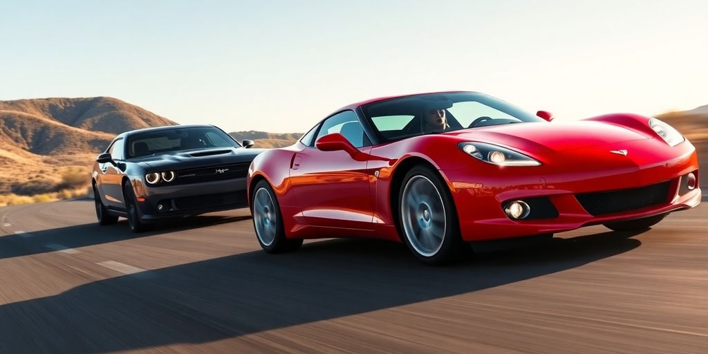 Red sports car races shiny black sedan.