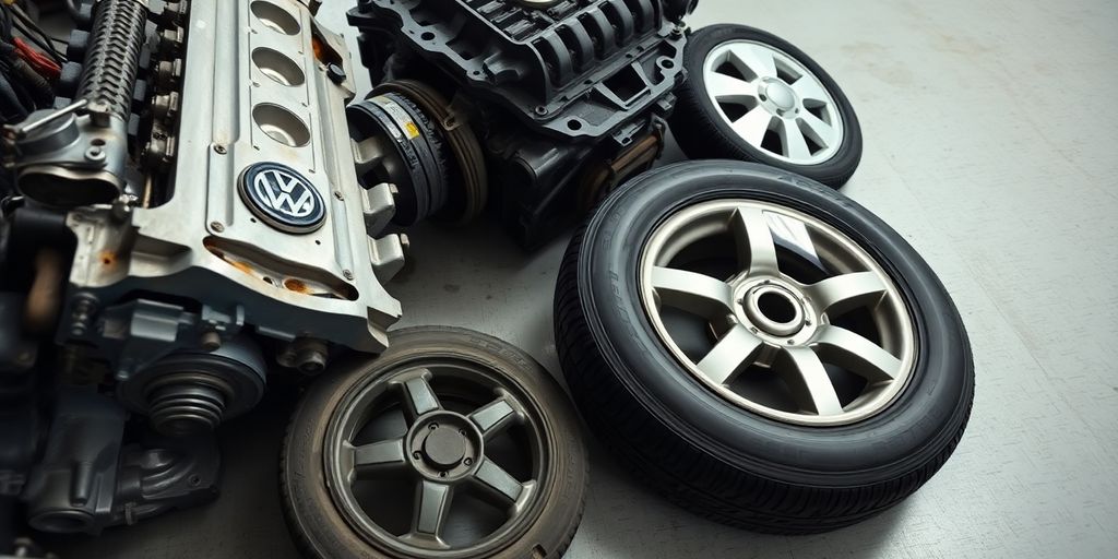 Used Volkswagen car parts neatly arranged.