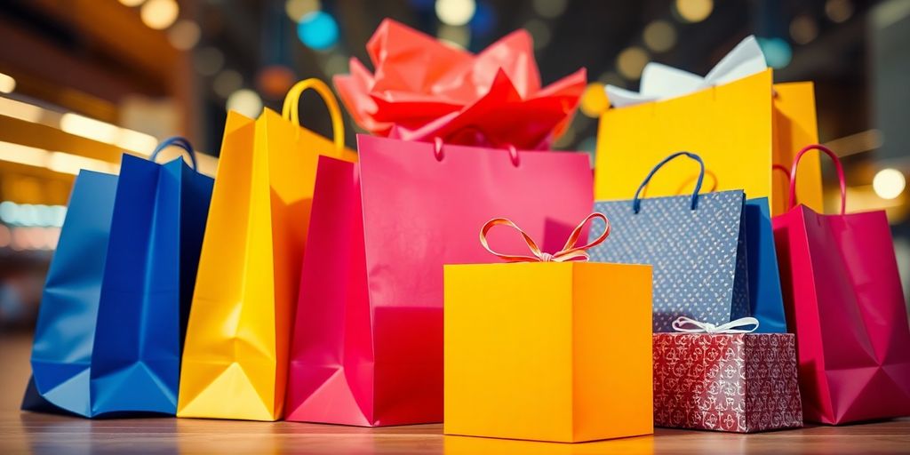 Shopping bags and parcels with a prominent gift box.