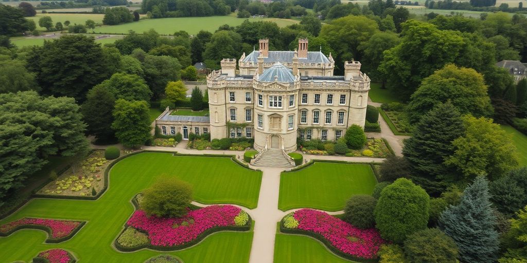 Vue aérienne de jardins anglais et châteaux historiques.