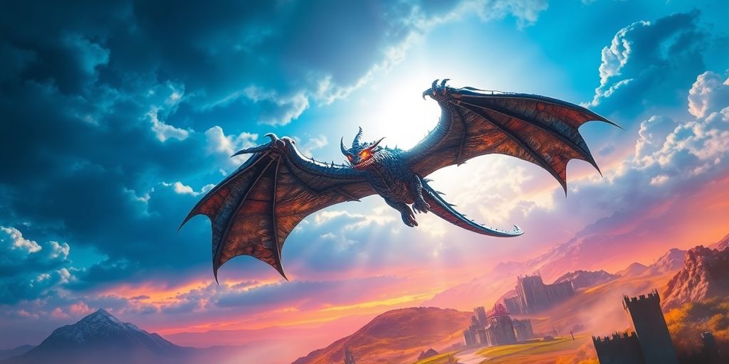 Large dragon flying over a fantasy landscape in an RPG game.