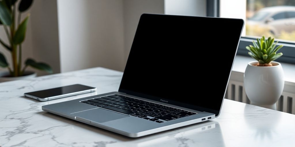 جهاز كمبيوتر محمول أنيق على مكتب عصري.