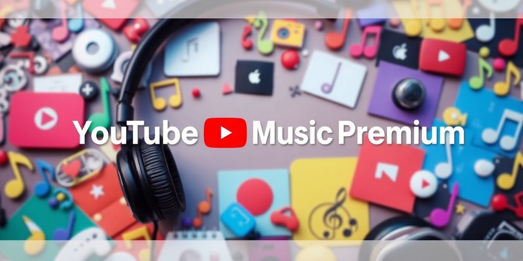 Collage of music icons and YouTube Music interface.