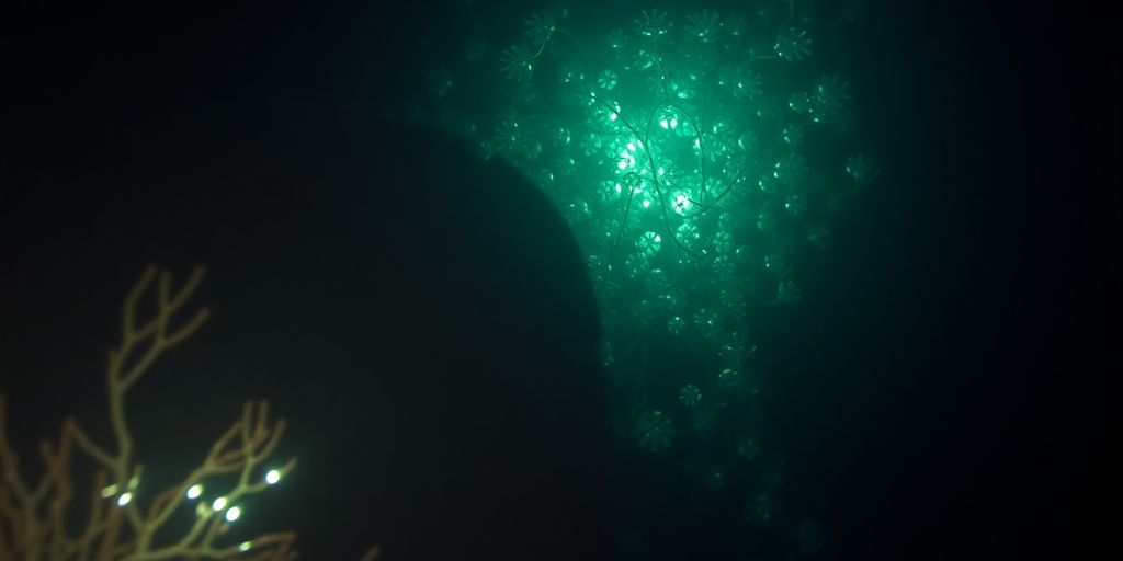 Ambiente marinho profundo com organismos bioluminescentes.