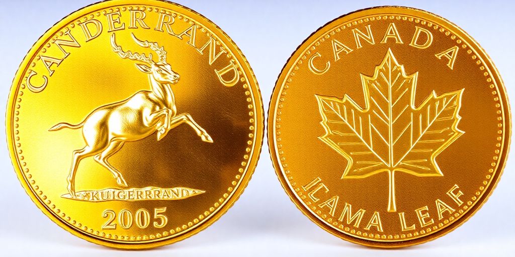 Pièces d'or Krugerrand et Maple Leaf côte à côte.