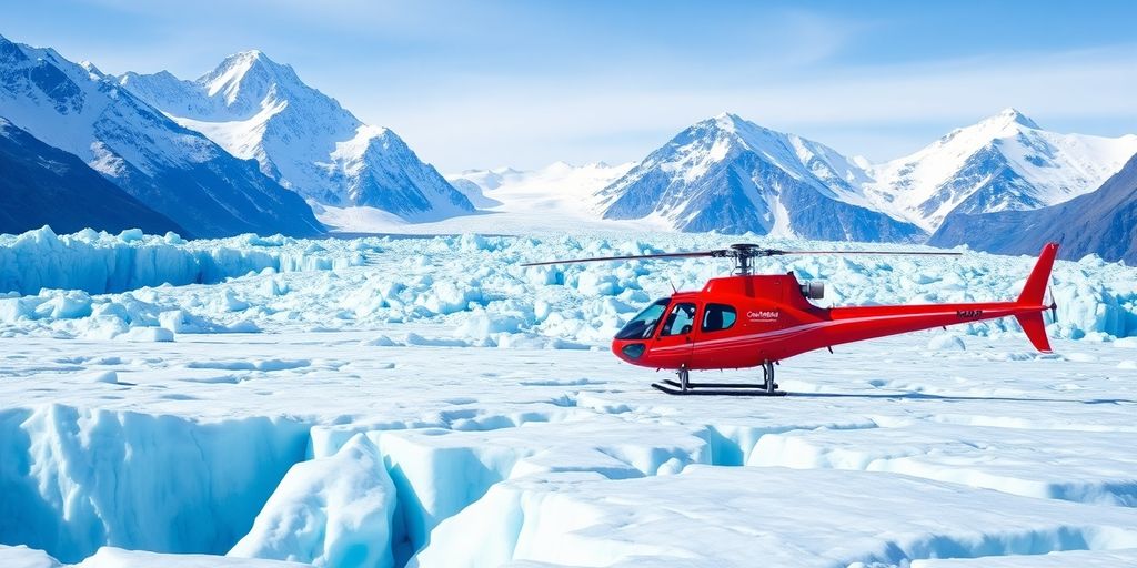 A red helicopter landed on a vast Alaskan glacier.