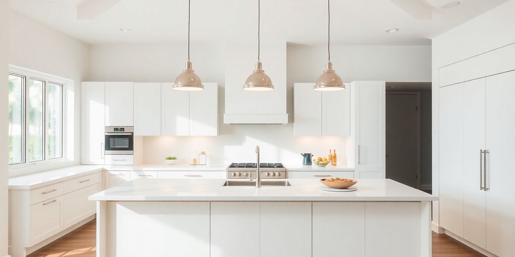 Modern kitchen island with minimalist pendant lights.