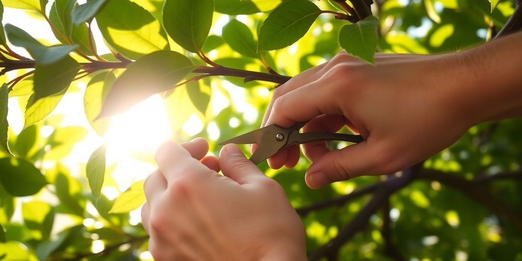 Obstbaum wird im Spätsommer beschnitten.