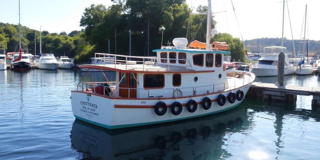 A pocket trawler moored in a tranquil harbor.