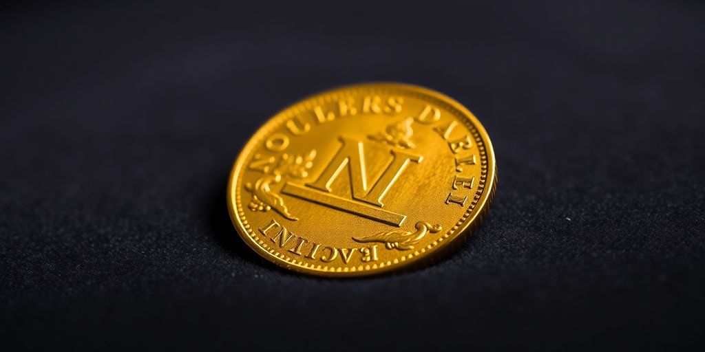 Une pièce de Napoléon en or sur un fond sombre.