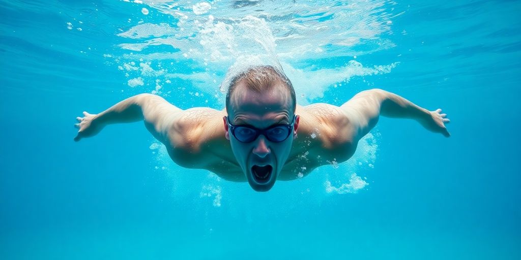 Swimmer holding breath underwater in blue water.
