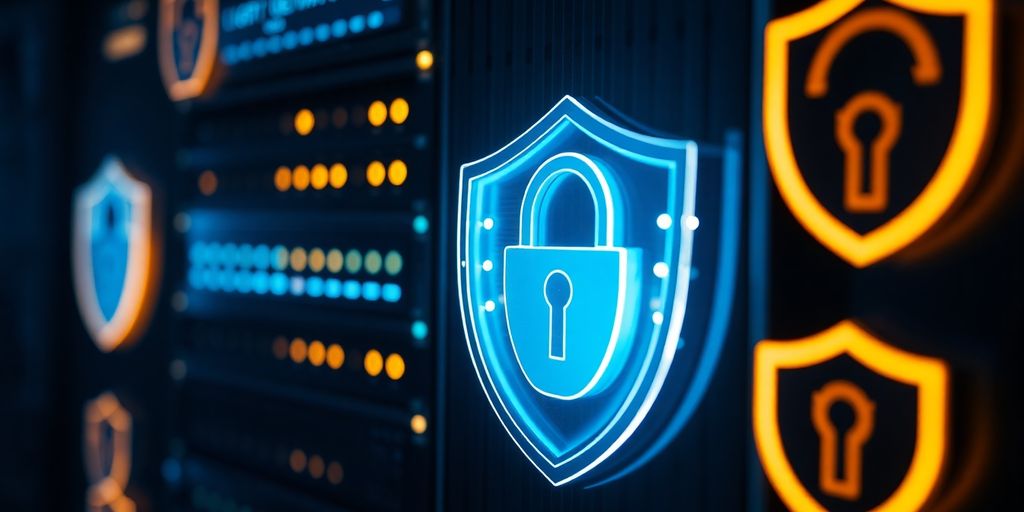 Secure data server with glowing lights and protective elements.