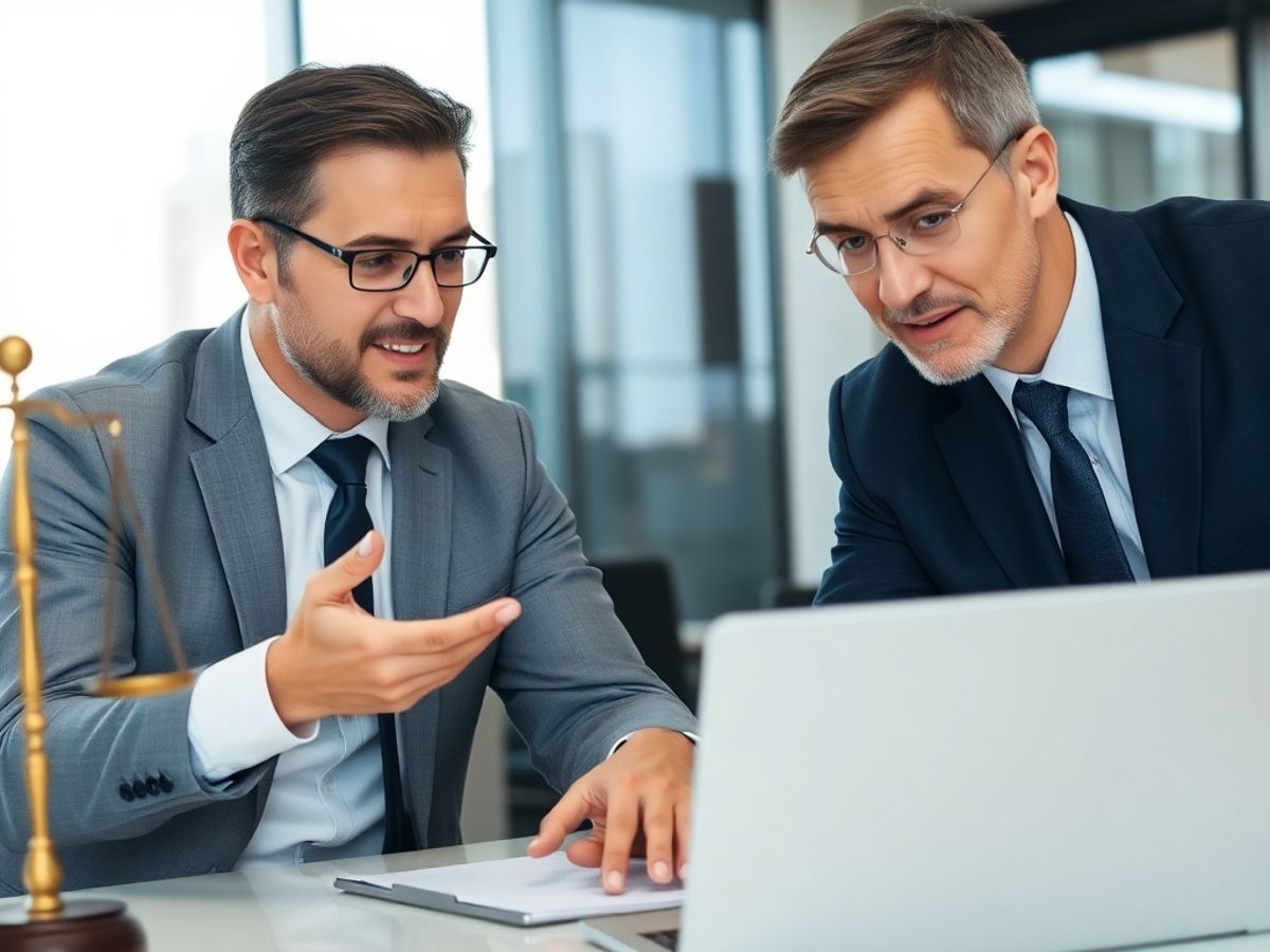 Avocat discutând cu clientul la laptop.