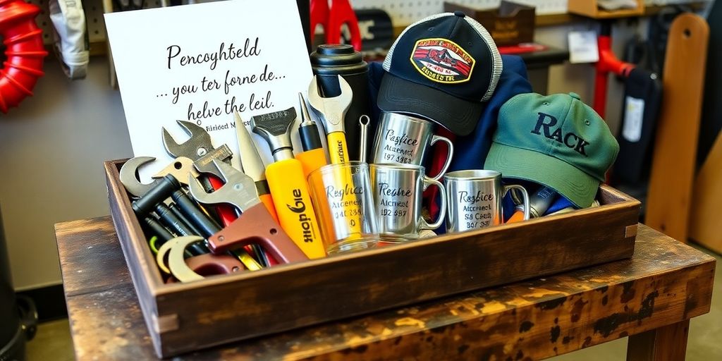 Personalized gifts for blue collar workers on a workbench.