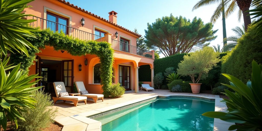 En vacker spansk villa med en grönskande trädgård.