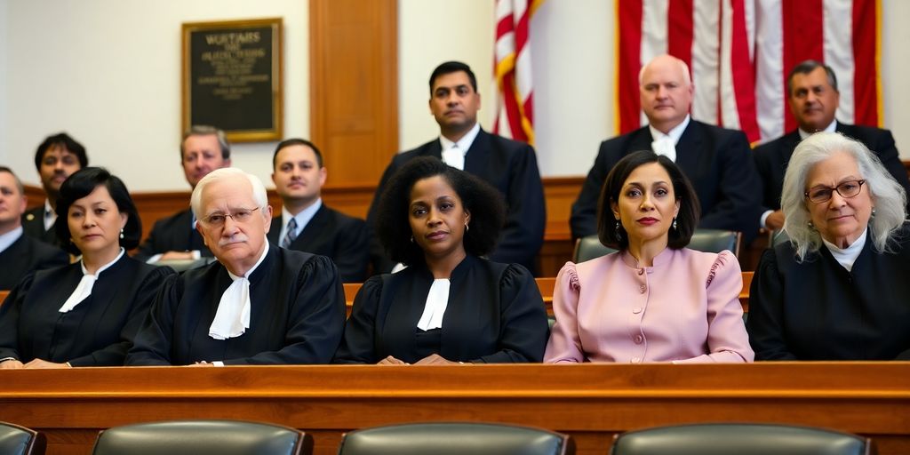 Diverse federal judges in a courtroom setting.