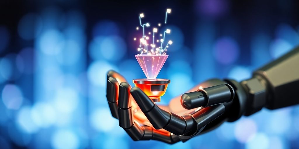 Robot hand holds glowing marketing funnel with data.