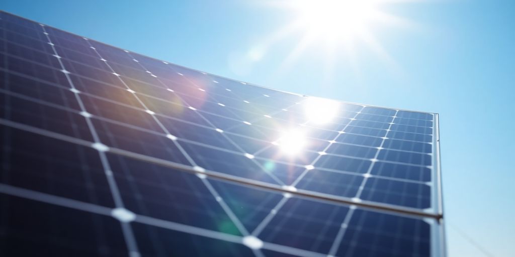 Solar panel in sunlight against a blue sky.