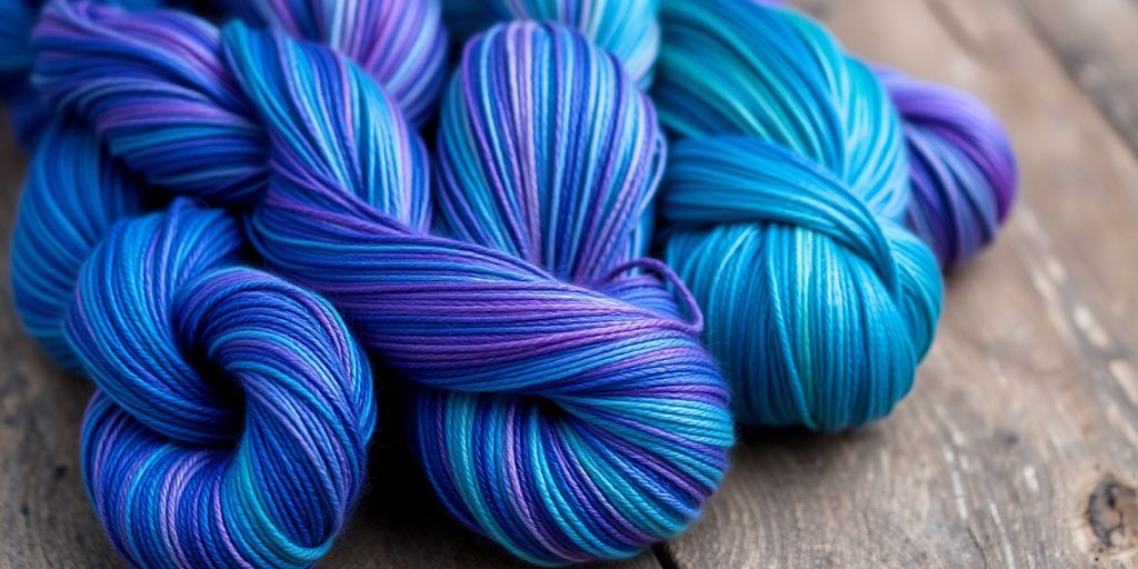 Colorful hand-dyed yarn skeins on a wooden table.
