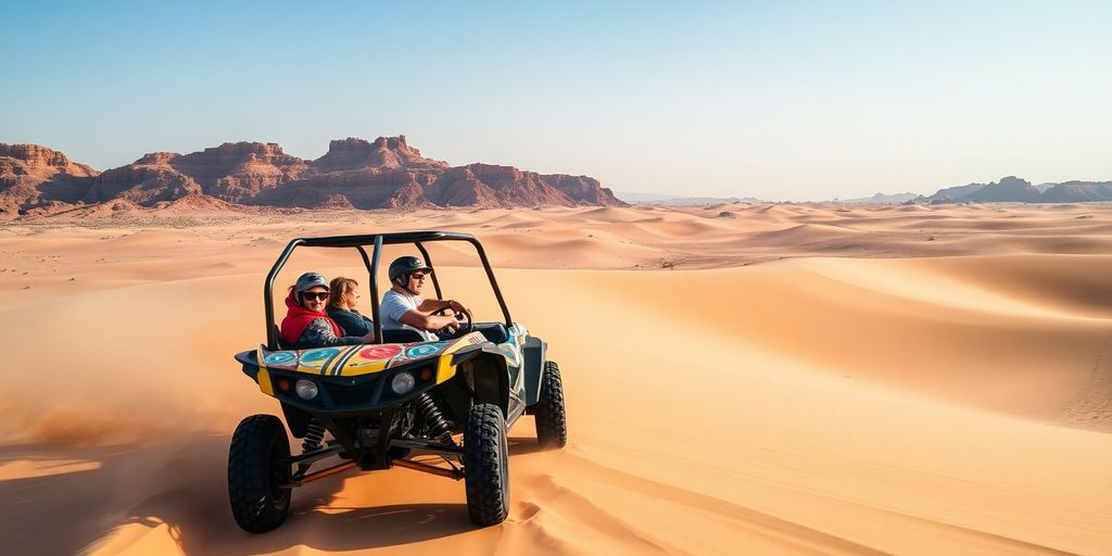 Adventurers driving colorful buggies in Marrakech's desert.