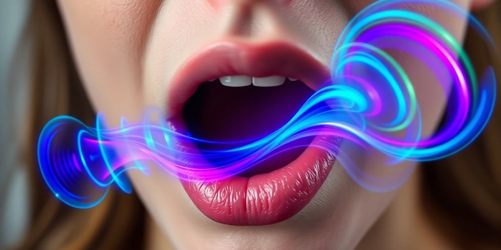 Boca humana com ondas sonoras coloridas.
