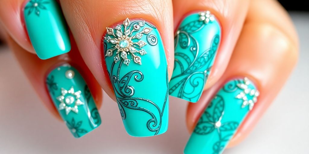 Unhas decoradas em azul turquesa vibrante.