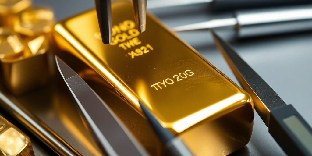 Un gros plan d'une barre d'or et d'outils.