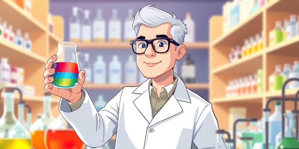 Chemist in lab coat, safety glasses, experimenting.