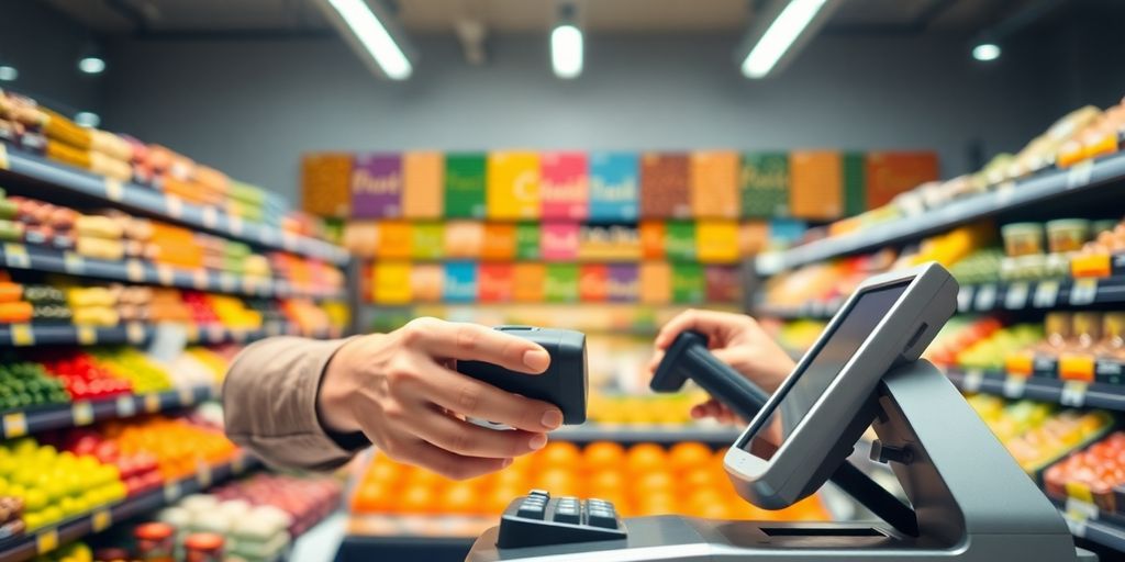 Person scanning groceries, cash register.