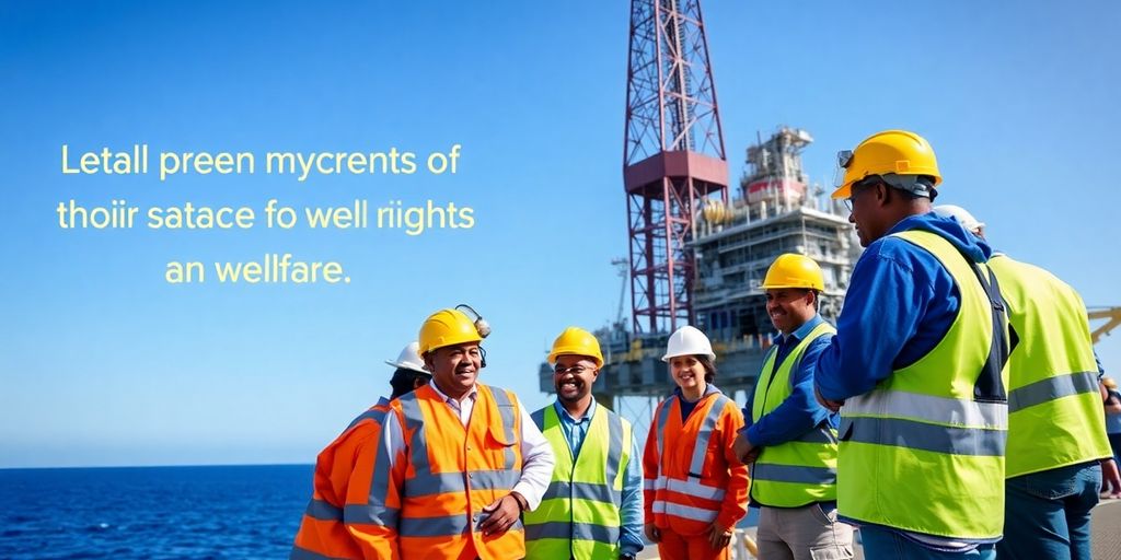 Diverse platform workers at a coastal construction site.