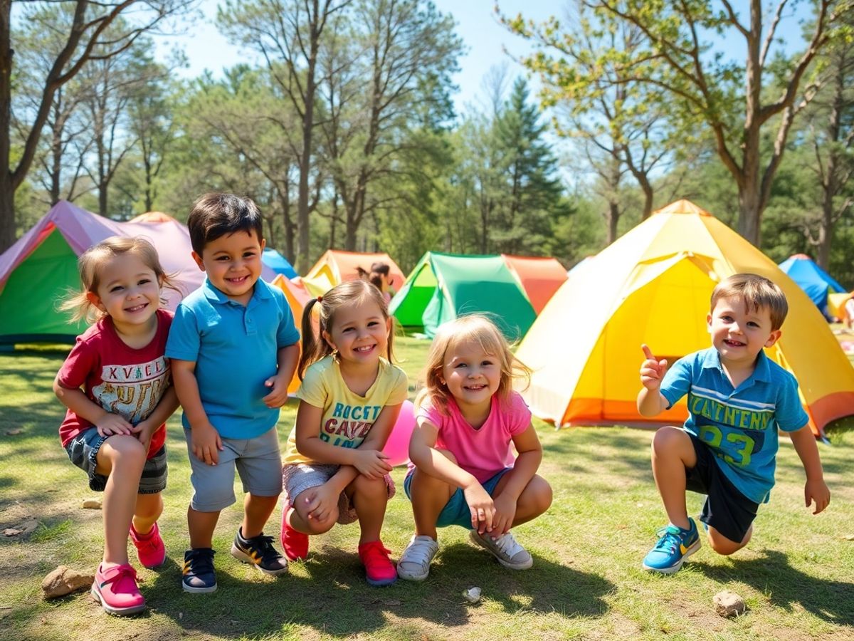 Grup de copii fericiți la tabără în natură.