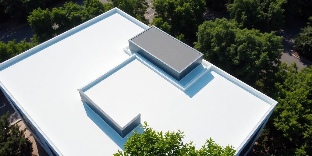 Modern building with white PVC roofing under sunlight.