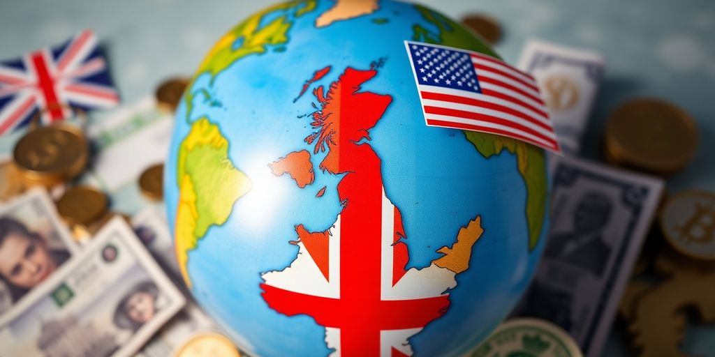 Globe with UK and US highlighted, surrounded by currency notes.