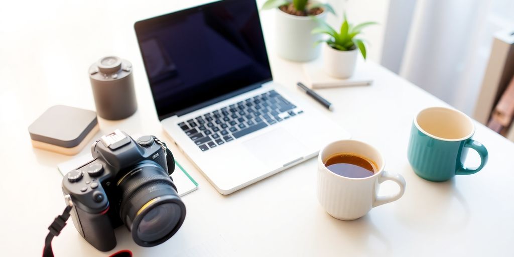 Workspace with laptop, camera, and coffee cup.