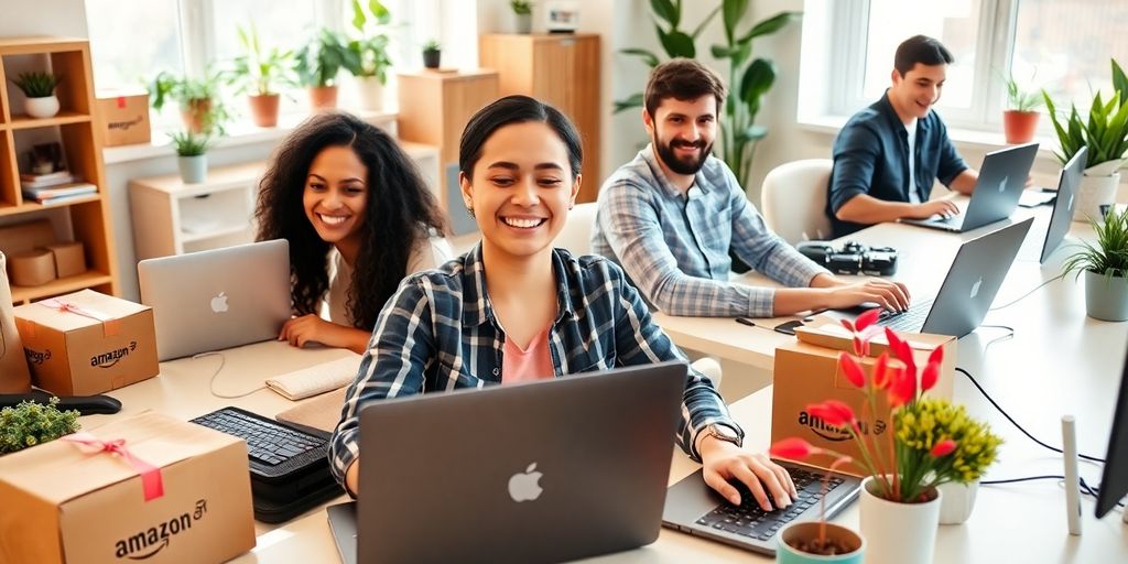 Young professionals working from home with laptops and Amazon packages