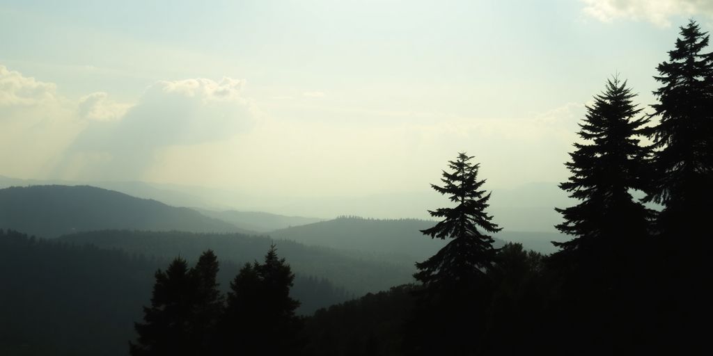 Silhouettes of trees against a tranquil landscape at sunset.