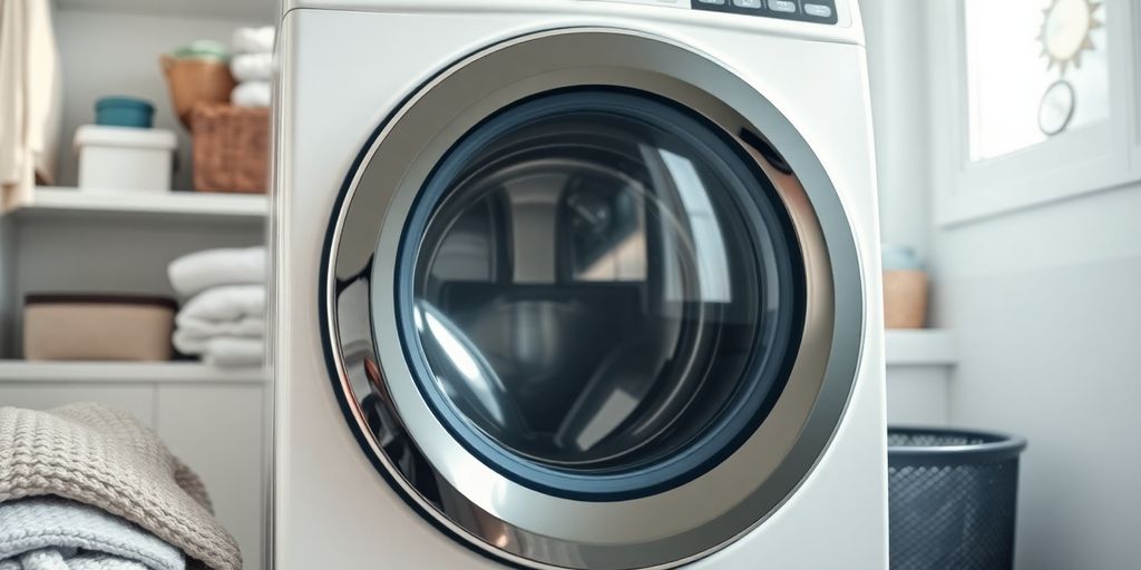 Nahaufnahme einer modernen Waschmaschine in einem Waschraum.