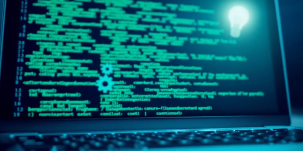Laptop displaying code, gears, and a lightbulb