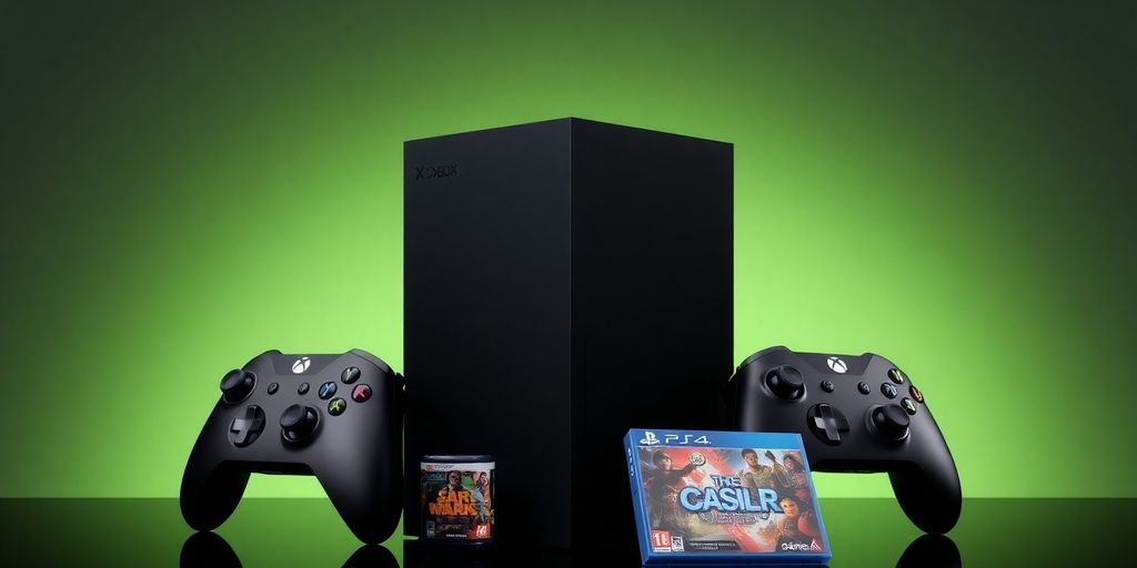 Moderne Microsoft Xbox Series X mit Controllern und Spielen.