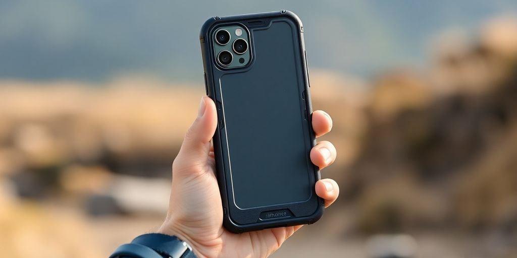 iPhone 12 with a dust-proof case in an outdoor setting.
