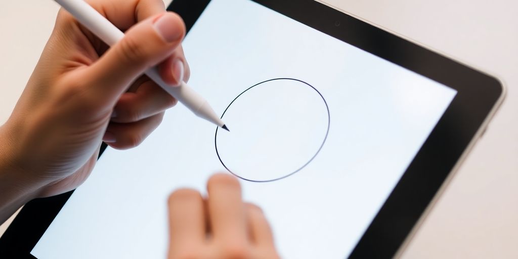 A hand drawing a basic circle on an iPad.